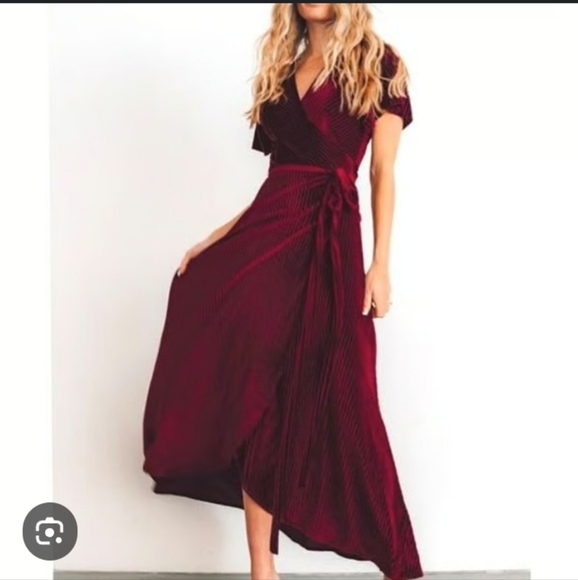 Baltic Born Dresses & Skirts - Baltic Born Burgundy Andi Velvet Ribbed Puffed Sleeve Deep V Neck Wrap Maxi